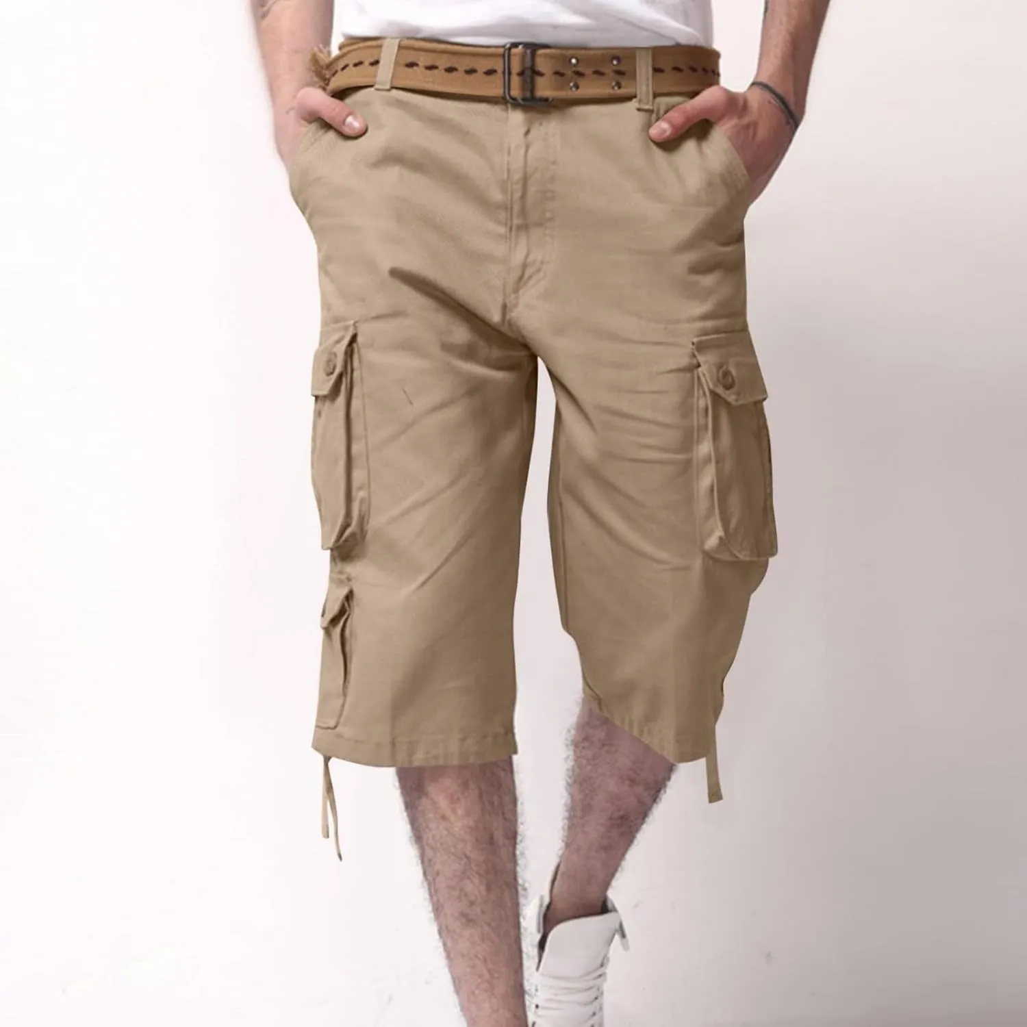 Sinzelimin Men's Short Cargo Pants Fashion Solid Color Multiple Pockets Loose Comfy Dressy Casual Workwear Crop Trouser