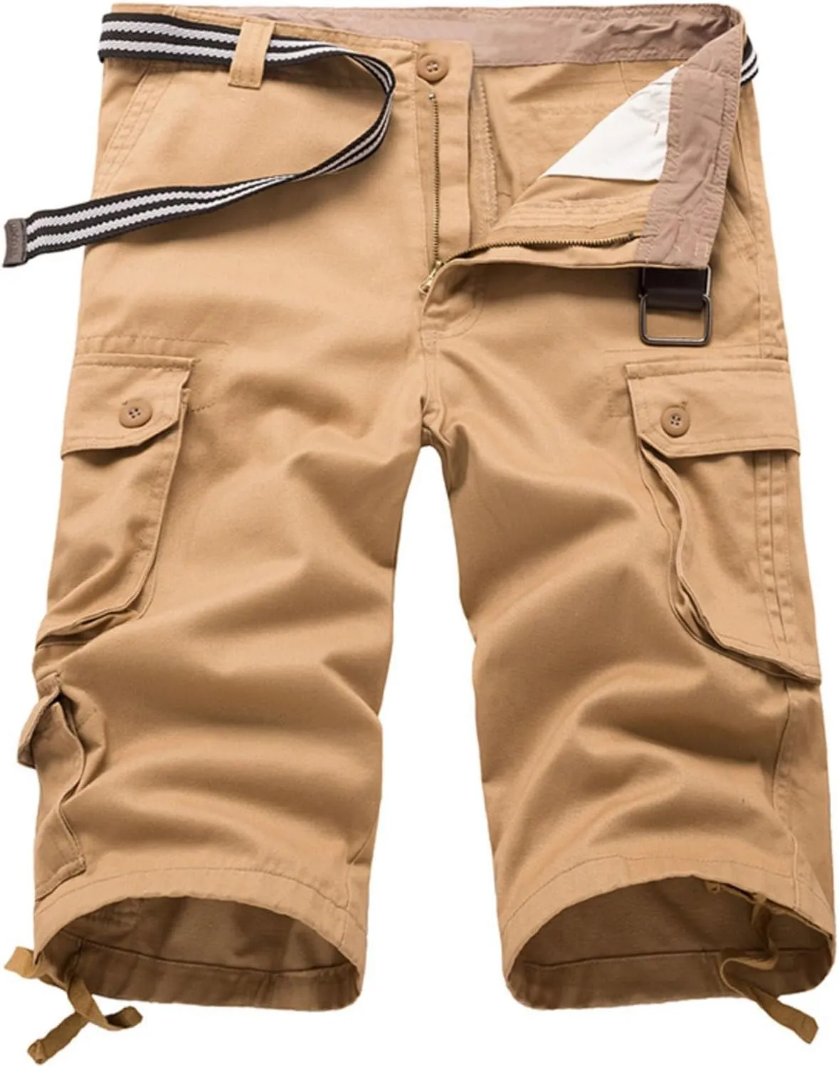 Sinzelimin Men's Short Cargo Pants Fashion Solid Color Multiple Pockets Loose Comfy Dressy Casual Workwear Crop Trouser