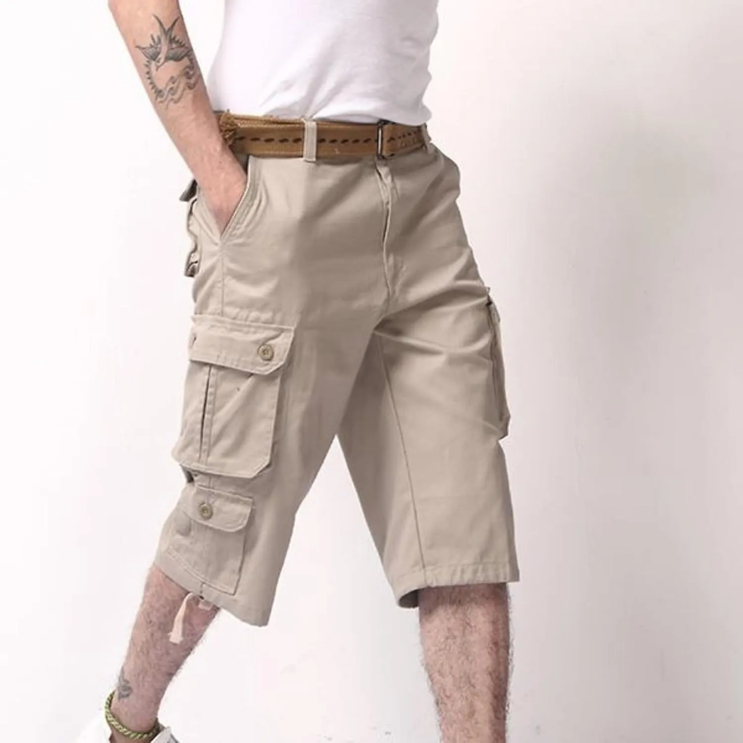 Sinzelimin Men's Short Cargo Pants Fashion Solid Color Multiple Pockets Loose Comfy Dressy Casual Workwear Crop Trouser