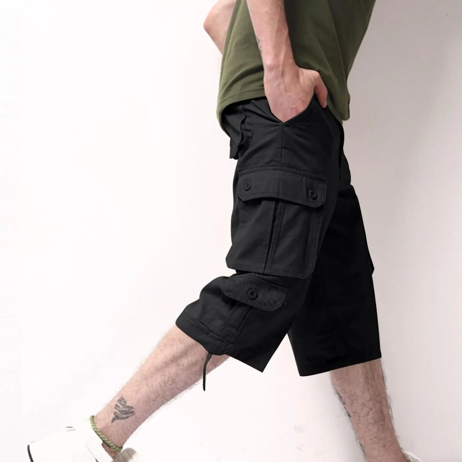 Sinzelimin Men's Short Cargo Pants Fashion Solid Color Multiple Pockets Loose Comfy Dressy Casual Workwear Crop Trouser