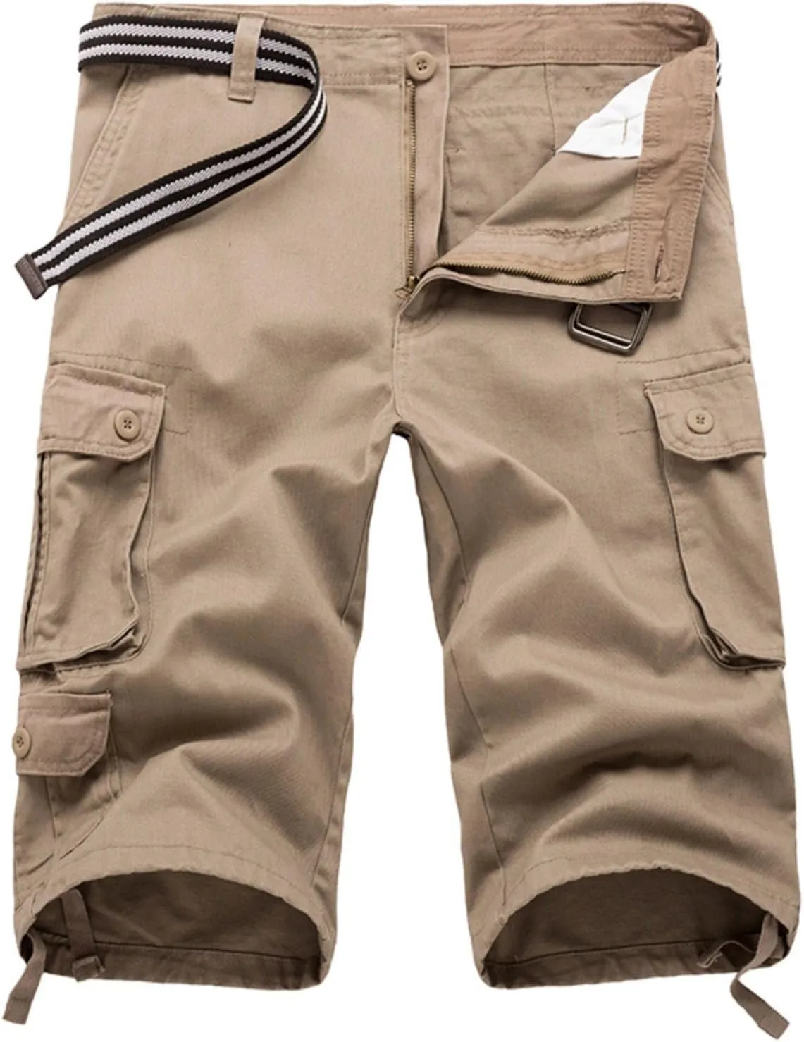 Sinzelimin Men's Short Cargo Pants Fashion Solid Color Multiple Pockets Loose Comfy Dressy Casual Workwear Crop Trouser