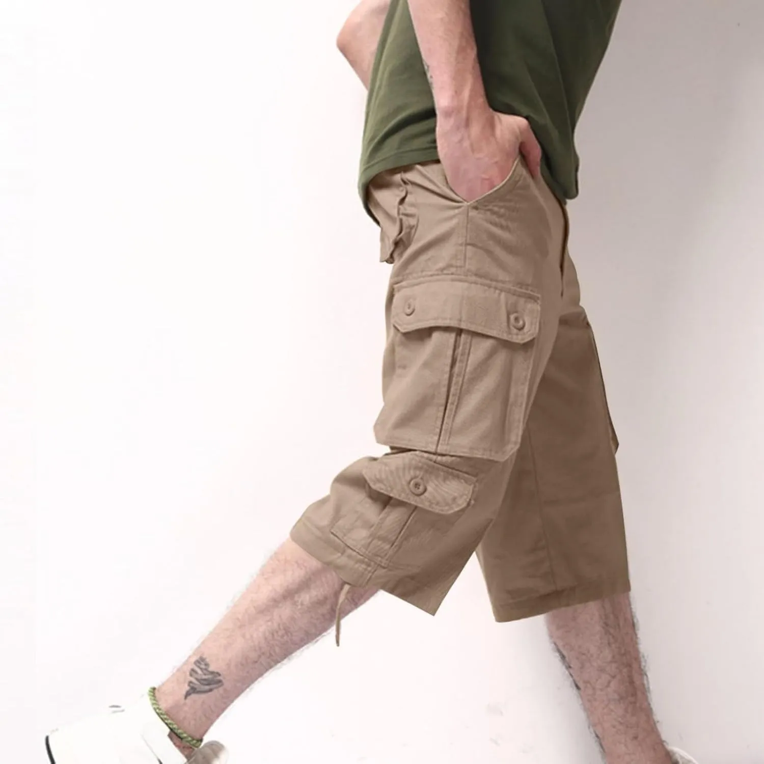 Sinzelimin Men's Short Cargo Pants Fashion Solid Color Multiple Pockets Loose Comfy Dressy Casual Workwear Crop Trouser