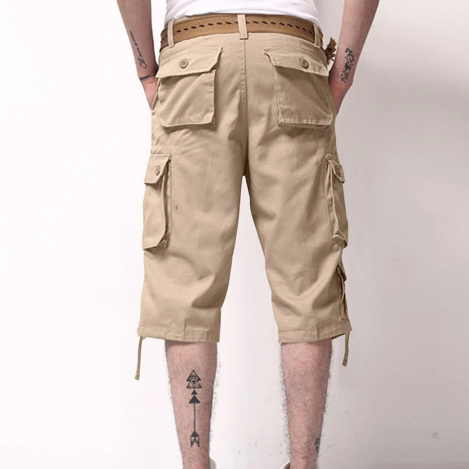Sinzelimin Men's Short Cargo Pants Fashion Solid Color Multiple Pockets Loose Comfy Dressy Casual Workwear Crop Trouser