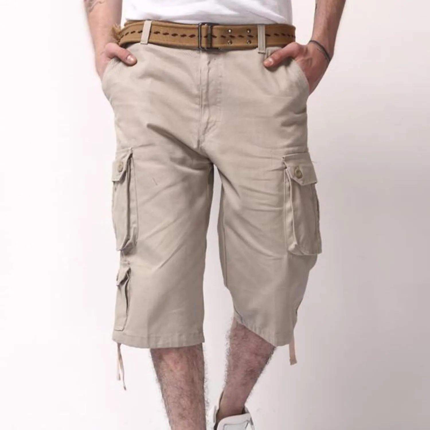 Sinzelimin Men's Short Cargo Pants Fashion Solid Color Multiple Pockets Loose Comfy Dressy Casual Workwear Crop Trouser