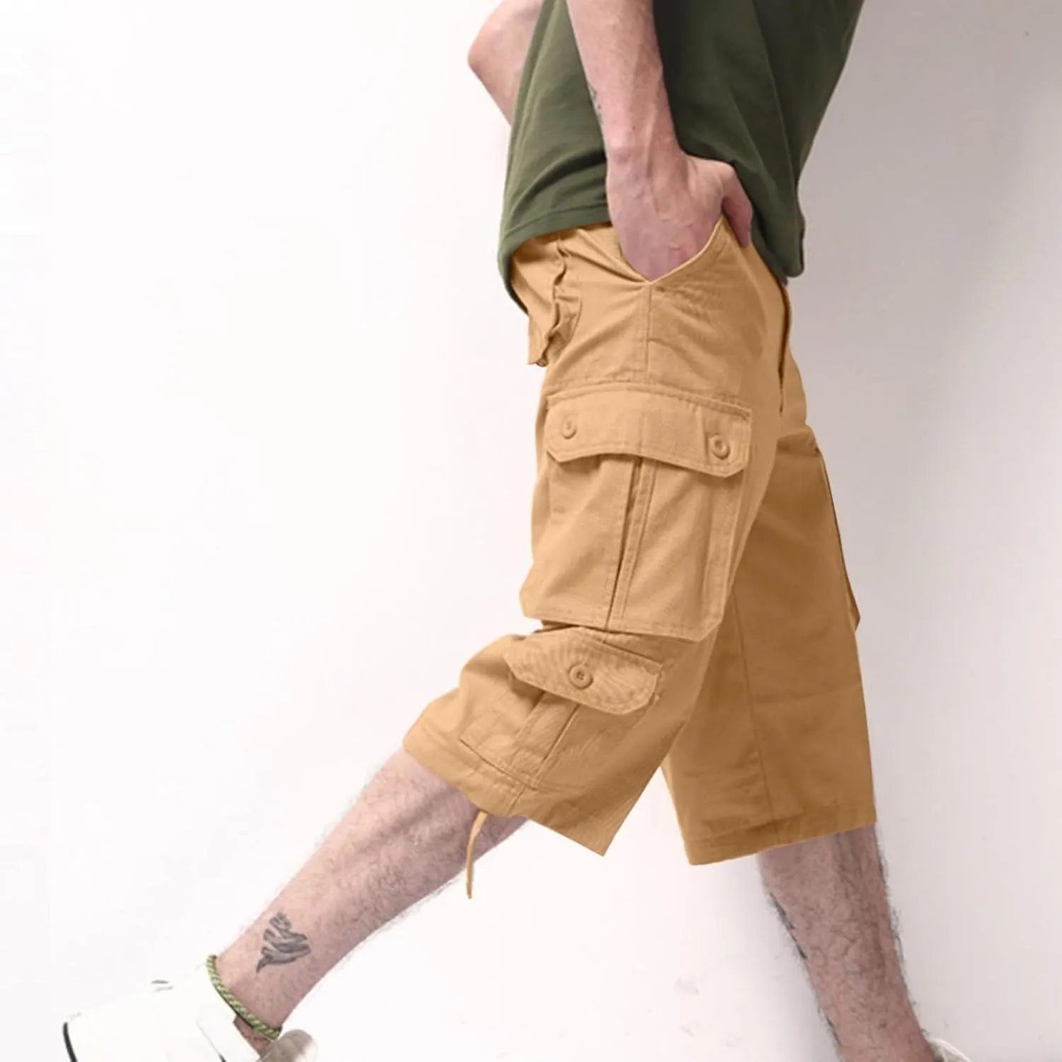 Sinzelimin Men's Short Cargo Pants Fashion Solid Color Multiple Pockets Loose Comfy Dressy Casual Workwear Crop Trouser