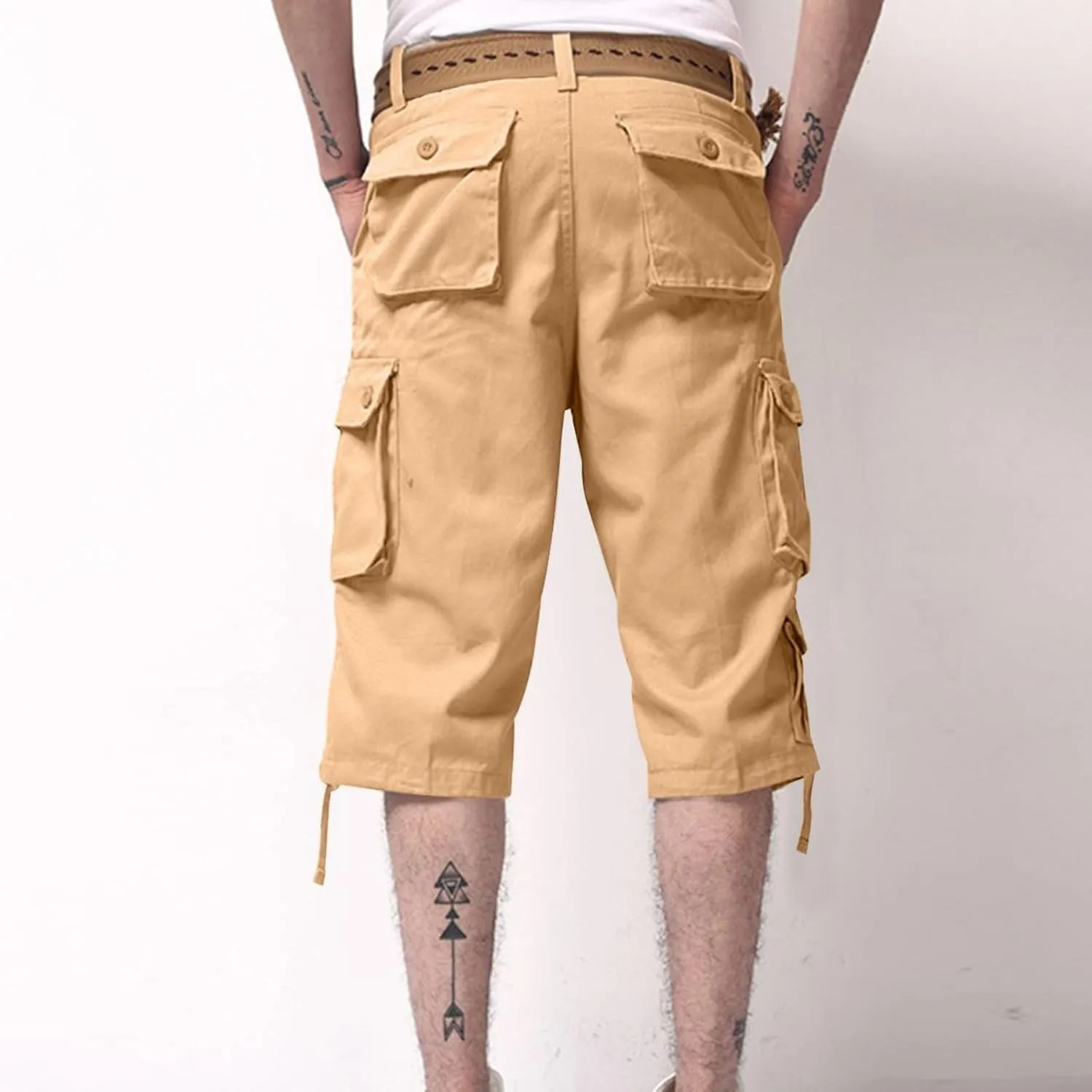 Sinzelimin Men's Short Cargo Pants Fashion Solid Color Multiple Pockets Loose Comfy Dressy Casual Workwear Crop Trouser