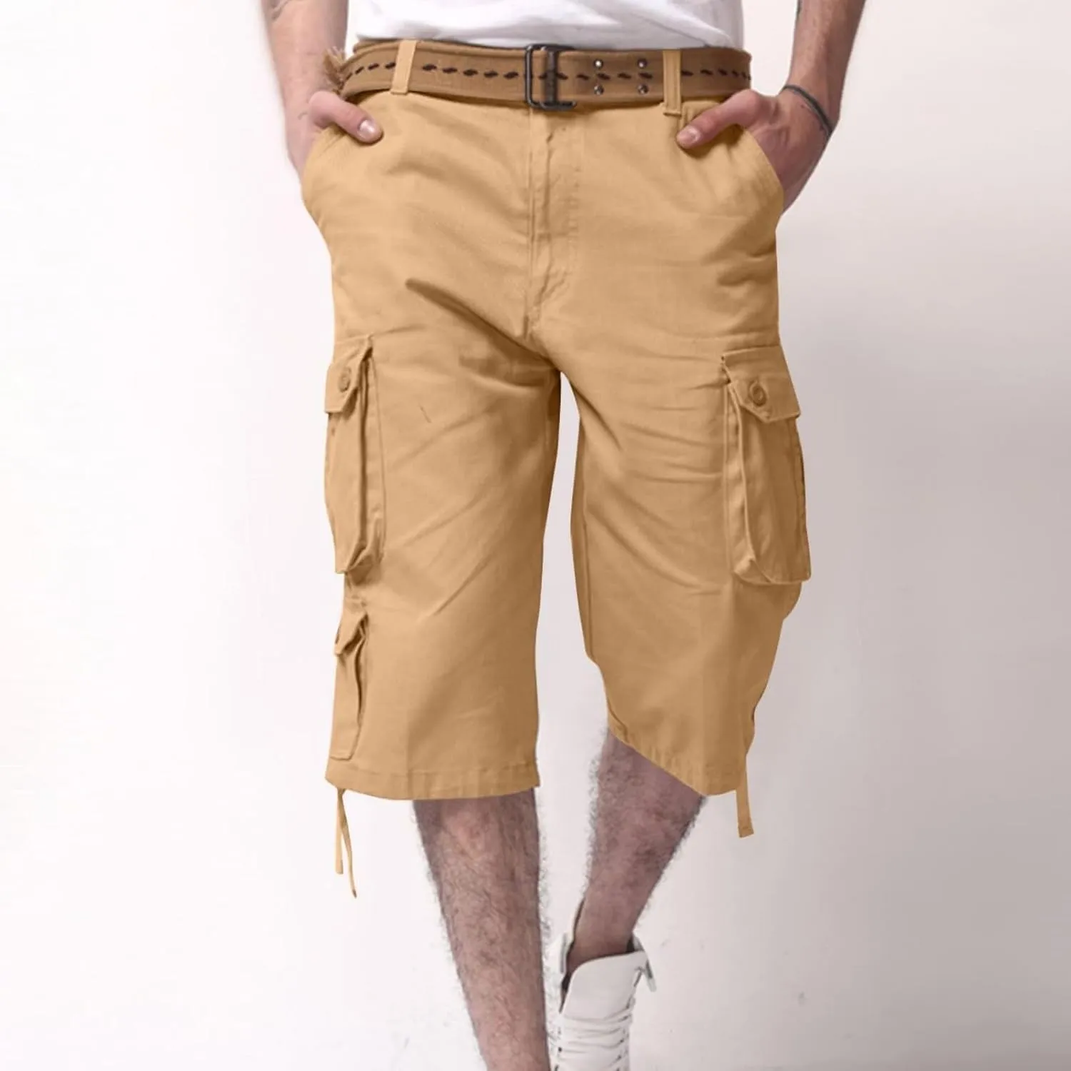 Sinzelimin Men's Short Cargo Pants Fashion Solid Color Multiple Pockets Loose Comfy Dressy Casual Workwear Crop Trouser