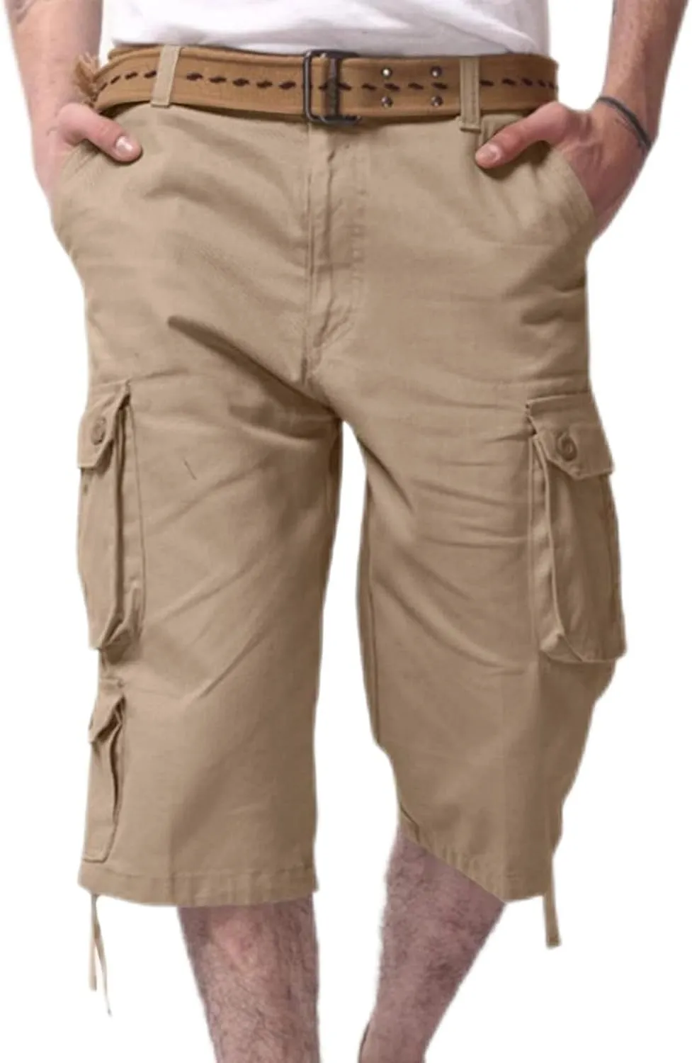 Sinzelimin Men's Short Cargo Pants Fashion Solid Color Multiple Pockets Loose Comfy Dressy Casual Workwear Crop Trouser