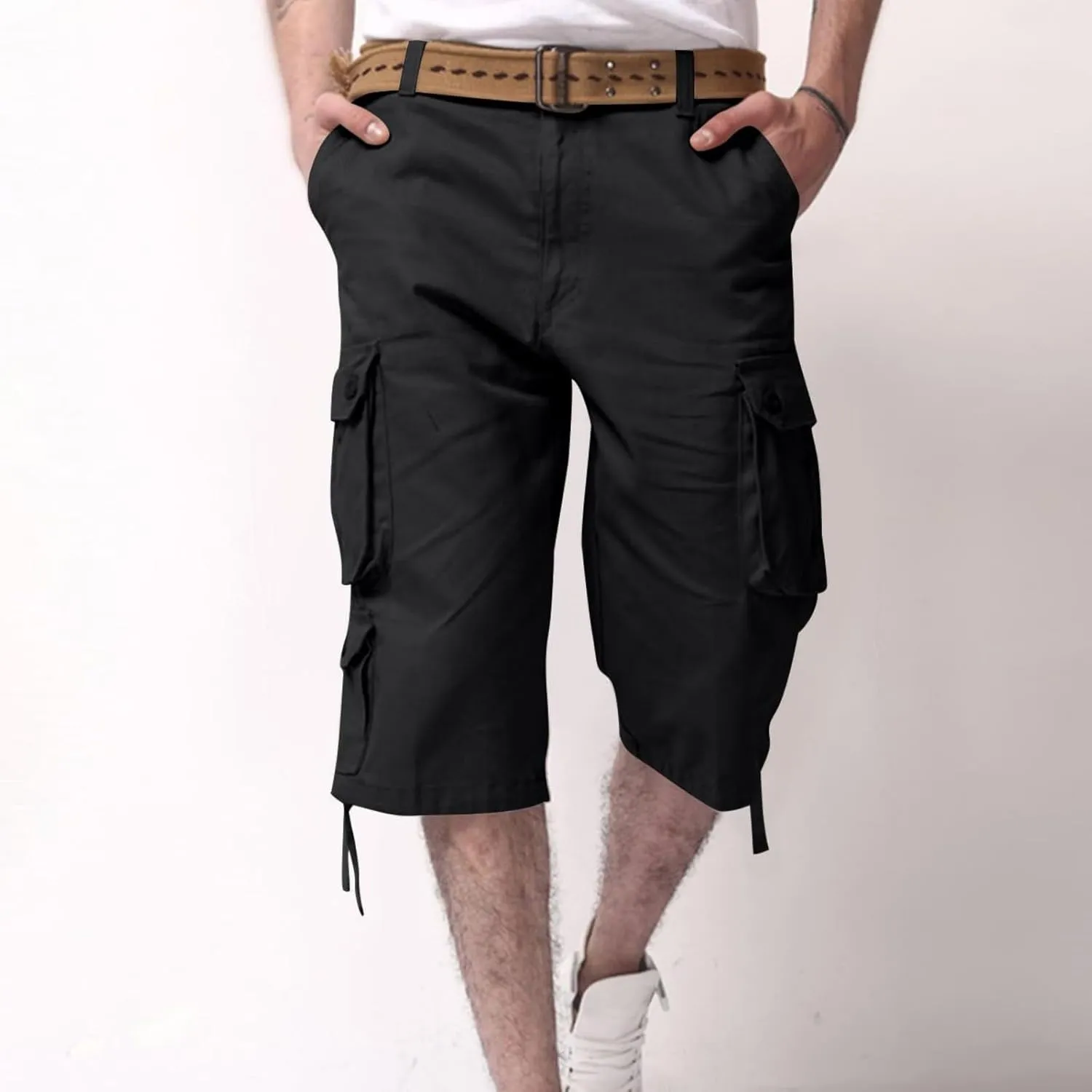 Sinzelimin Men's Short Cargo Pants Fashion Solid Color Multiple Pockets Loose Comfy Dressy Casual Workwear Crop Trouser