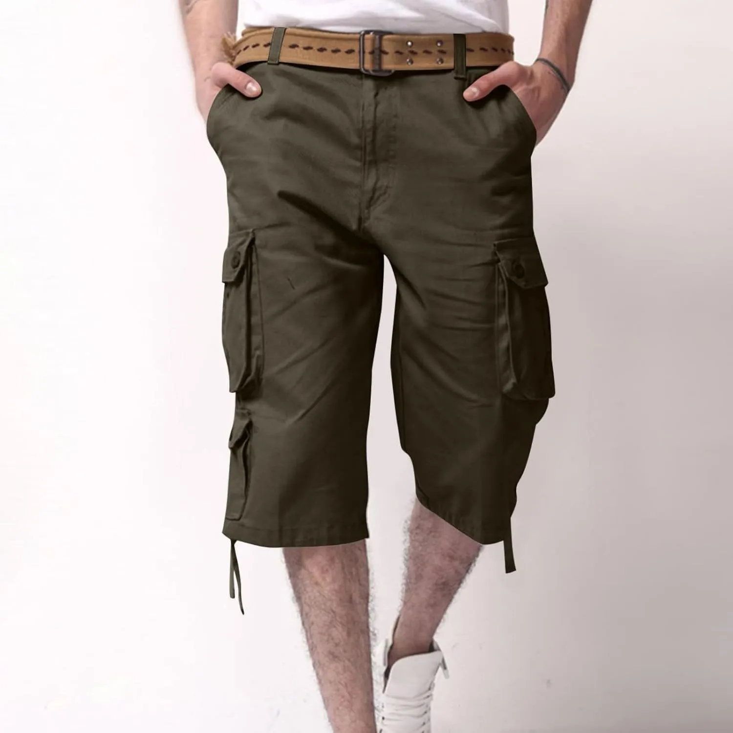 Sinzelimin Men's Short Cargo Pants Fashion Solid Color Multiple Pockets Loose Comfy Dressy Casual Workwear Crop Trouser