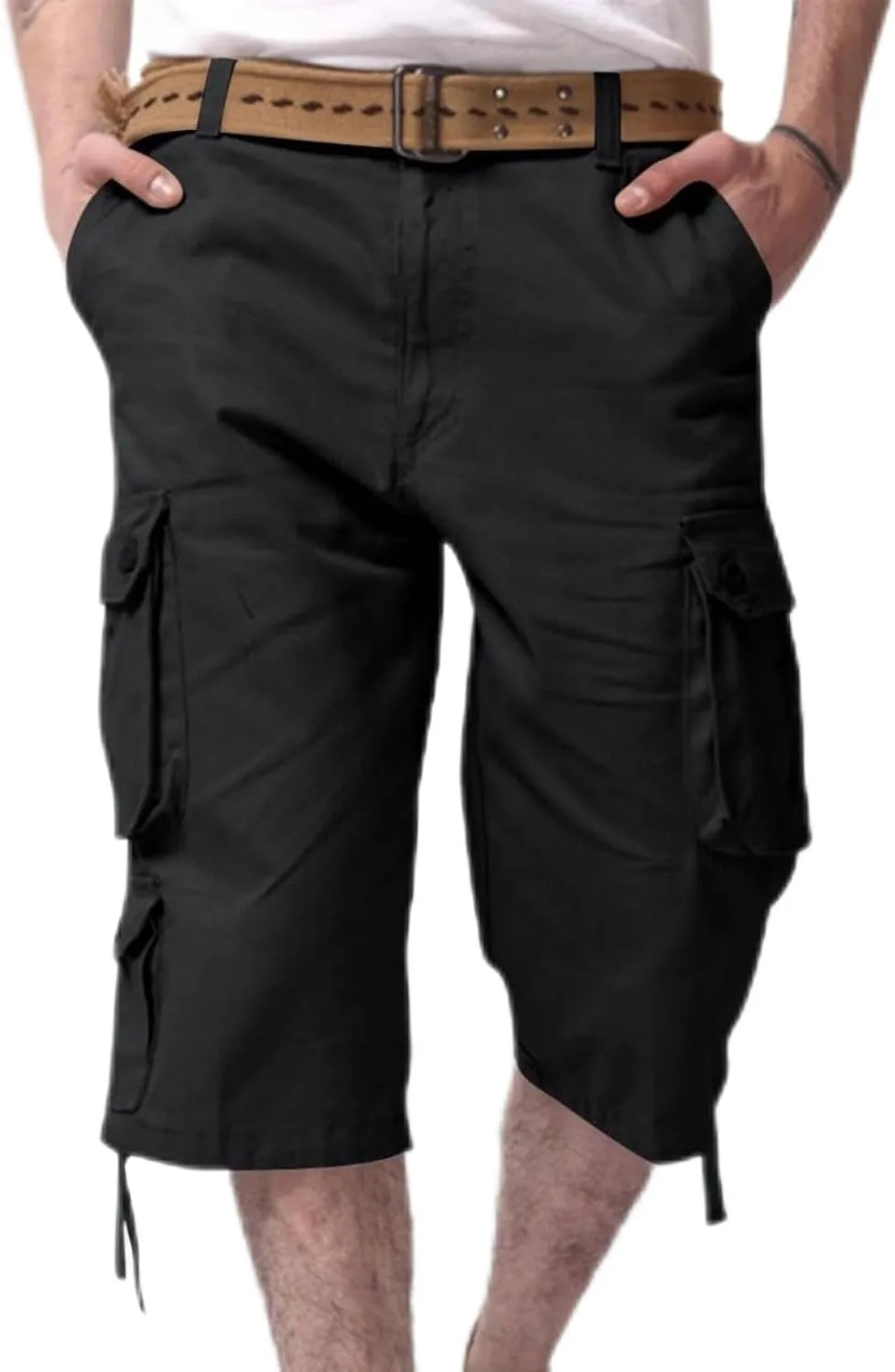 Sinzelimin Men's Short Cargo Pants Fashion Solid Color Multiple Pockets Loose Comfy Dressy Casual Workwear Crop Trouser