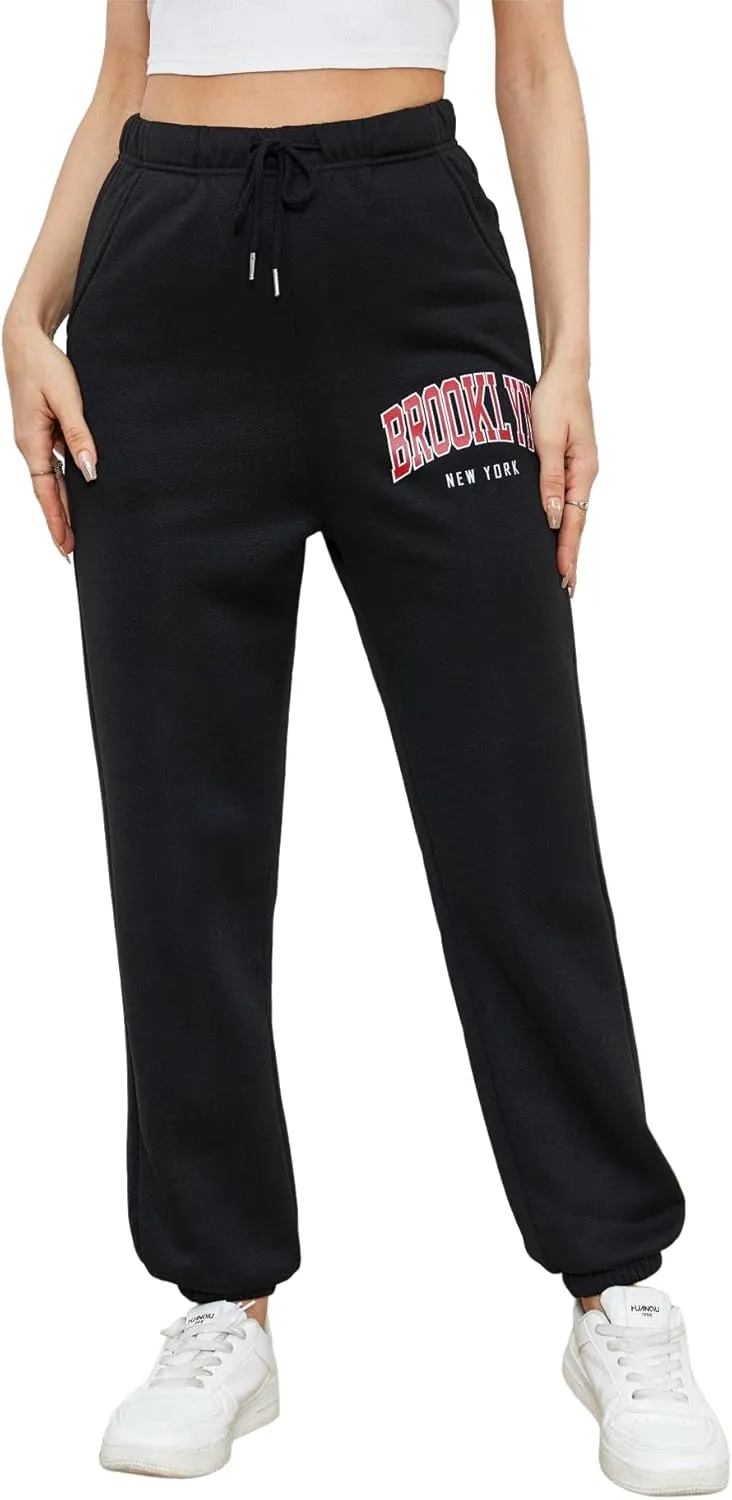 SOLY HUX Women's Graphic Letter Print Elastic Waist Sweatpants Color Block Cozy Running Joggers Pants