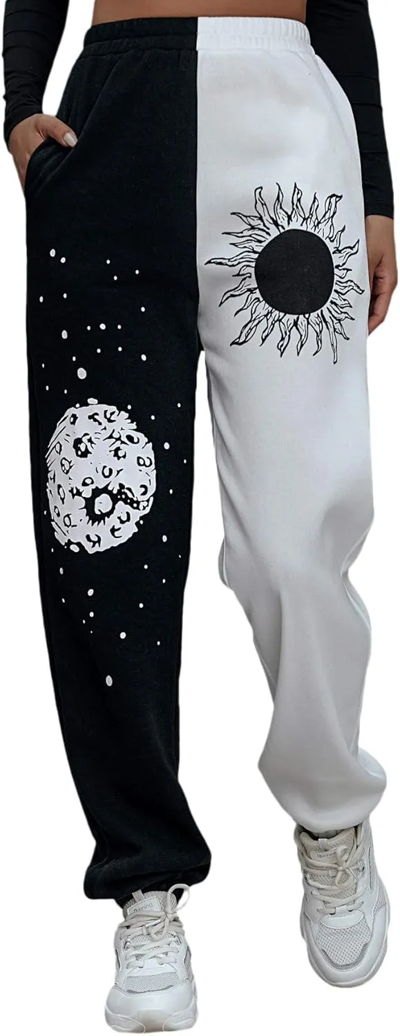 SOLY HUX Women's Graphic Letter Print Elastic Waist Sweatpants Color Block Cozy Running Joggers Pants