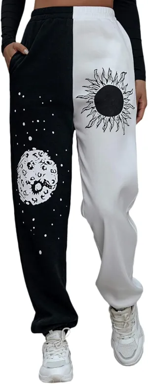 SOLY HUX Women's Graphic Letter Print Elastic Waist Sweatpants Color Block Cozy Running Joggers Pants