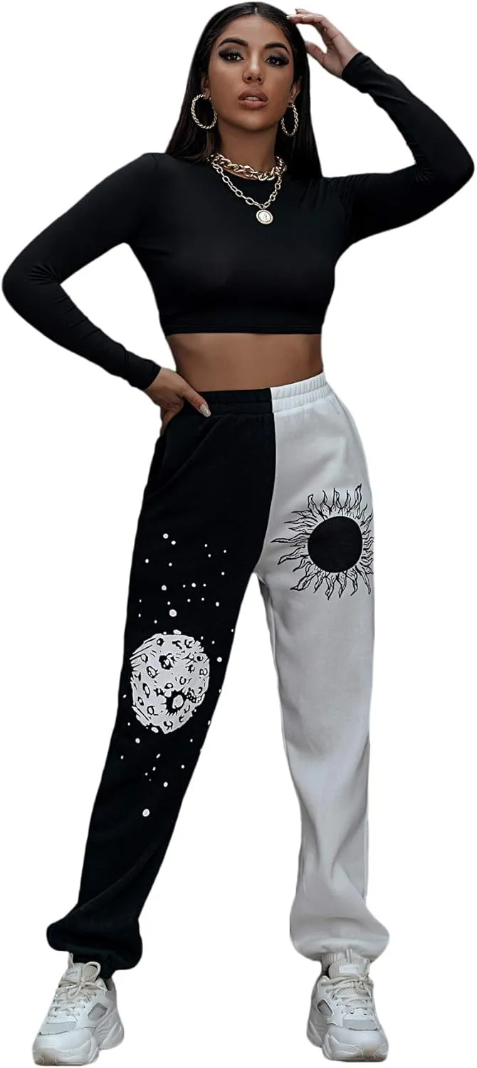 SOLY HUX Women's Graphic Letter Print Elastic Waist Sweatpants Color Block Cozy Running Joggers Pants