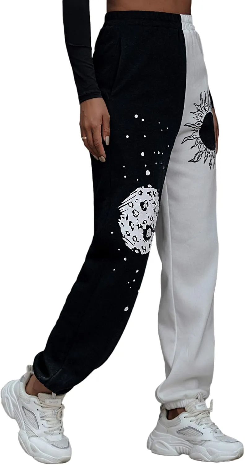 SOLY HUX Women's Graphic Letter Print Elastic Waist Sweatpants Color Block Cozy Running Joggers Pants