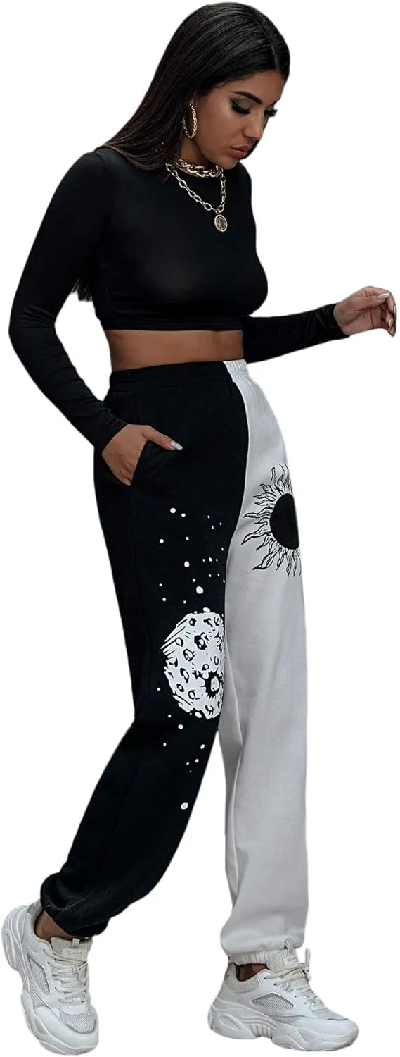 SOLY HUX Women's Graphic Letter Print Elastic Waist Sweatpants Color Block Cozy Running Joggers Pants