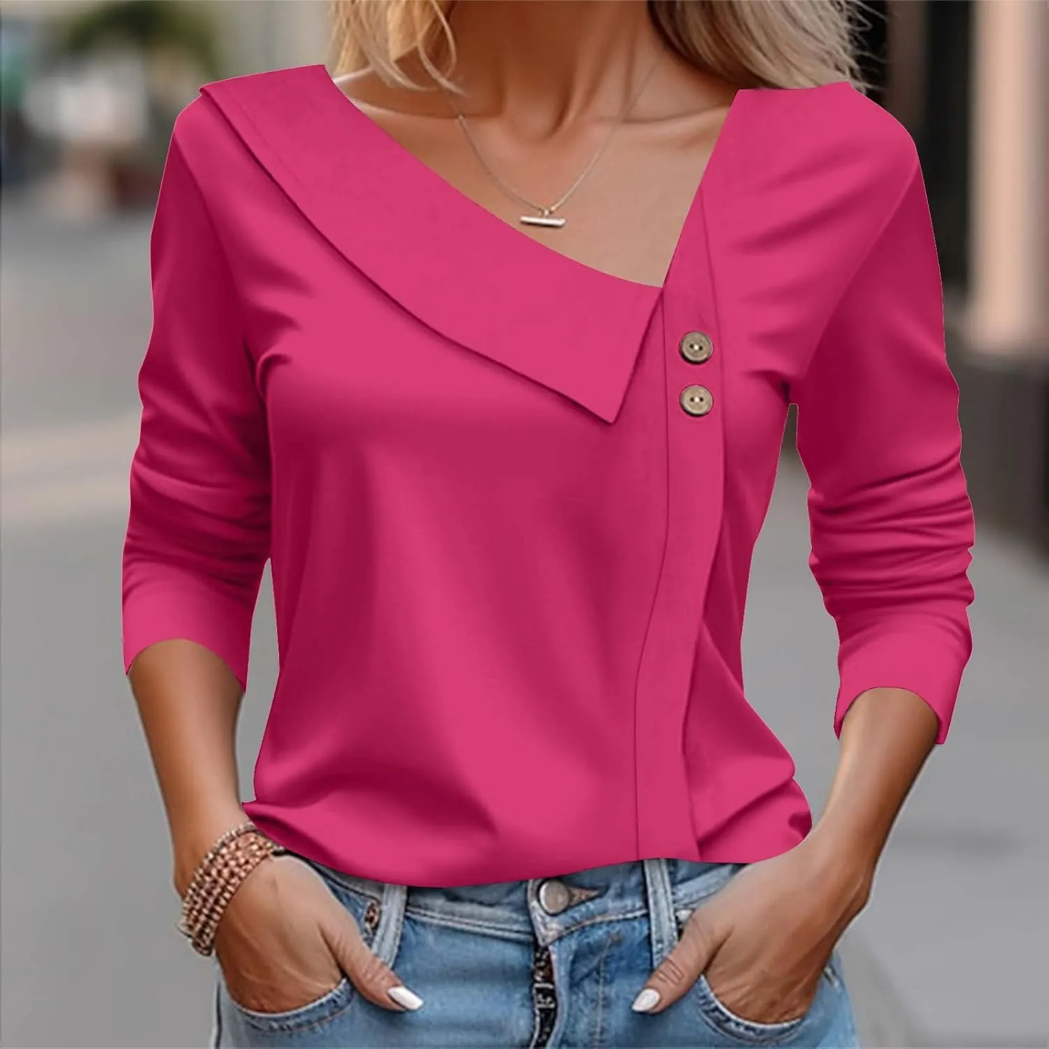 Spring Tops for Women Elegant Cozy Asymmetric Collared V Neck Blouses Dressy Work Casual Solid Color 3/4 Sleeve Shirt
