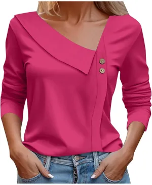 Spring Tops for Women Elegant Cozy Asymmetric Collared V Neck Blouses Dressy Work Casual Solid Color 3/4 Sleeve Shirt