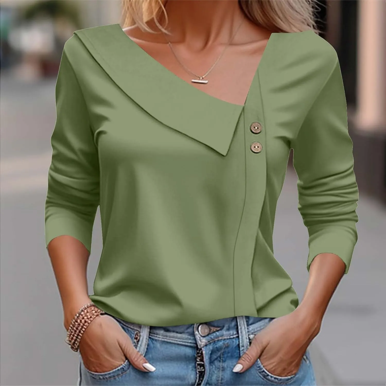 Spring Tops for Women Elegant Cozy Asymmetric Collared V Neck Blouses Dressy Work Casual Solid Color 3/4 Sleeve Shirt