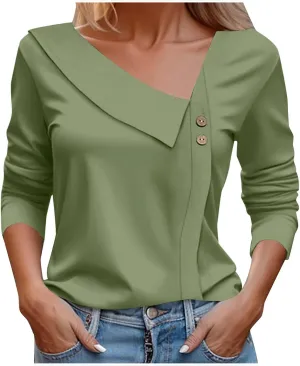 Spring Tops for Women Elegant Cozy Asymmetric Collared V Neck Blouses Dressy Work Casual Solid Color 3/4 Sleeve Shirt