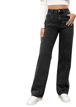 Straight Leg Jeans for Women,Trendy Retro High Waisted Wide Leg Stretch Boyfriend Denim Pants