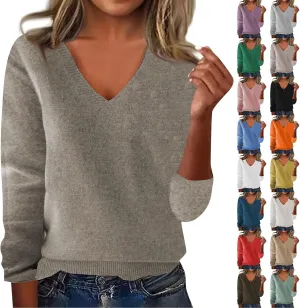 Sweaters for Women V Neck Long Sleeve Loose Pullover Trendy Solid Color Basic Blouse Fall Winter Soft Comfy Ladies Clothes