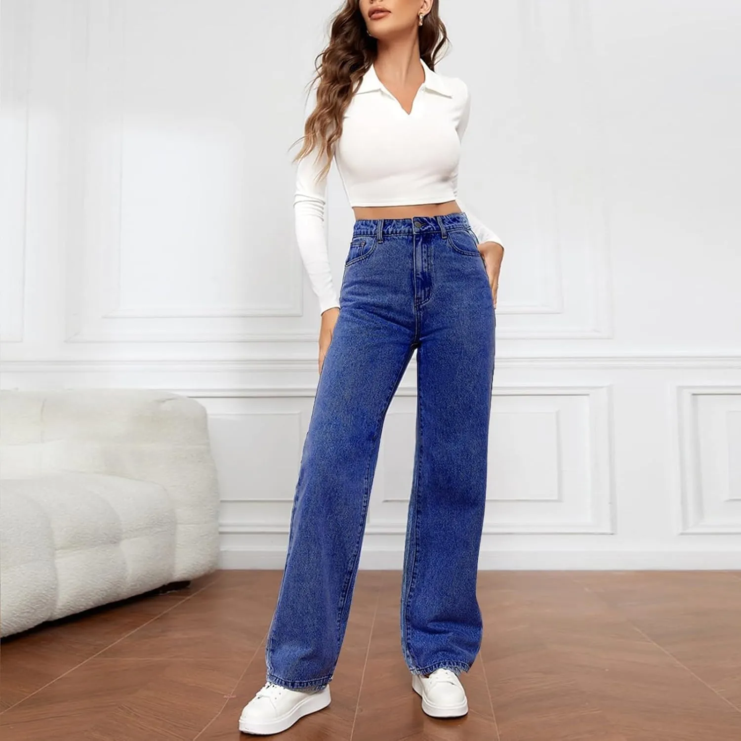 Sweatpant Jeans Boyfriend High Waited Baggy Wide Leg Jean Y2k Streetwear Retro Loose Fit Denim Pant with Pockets