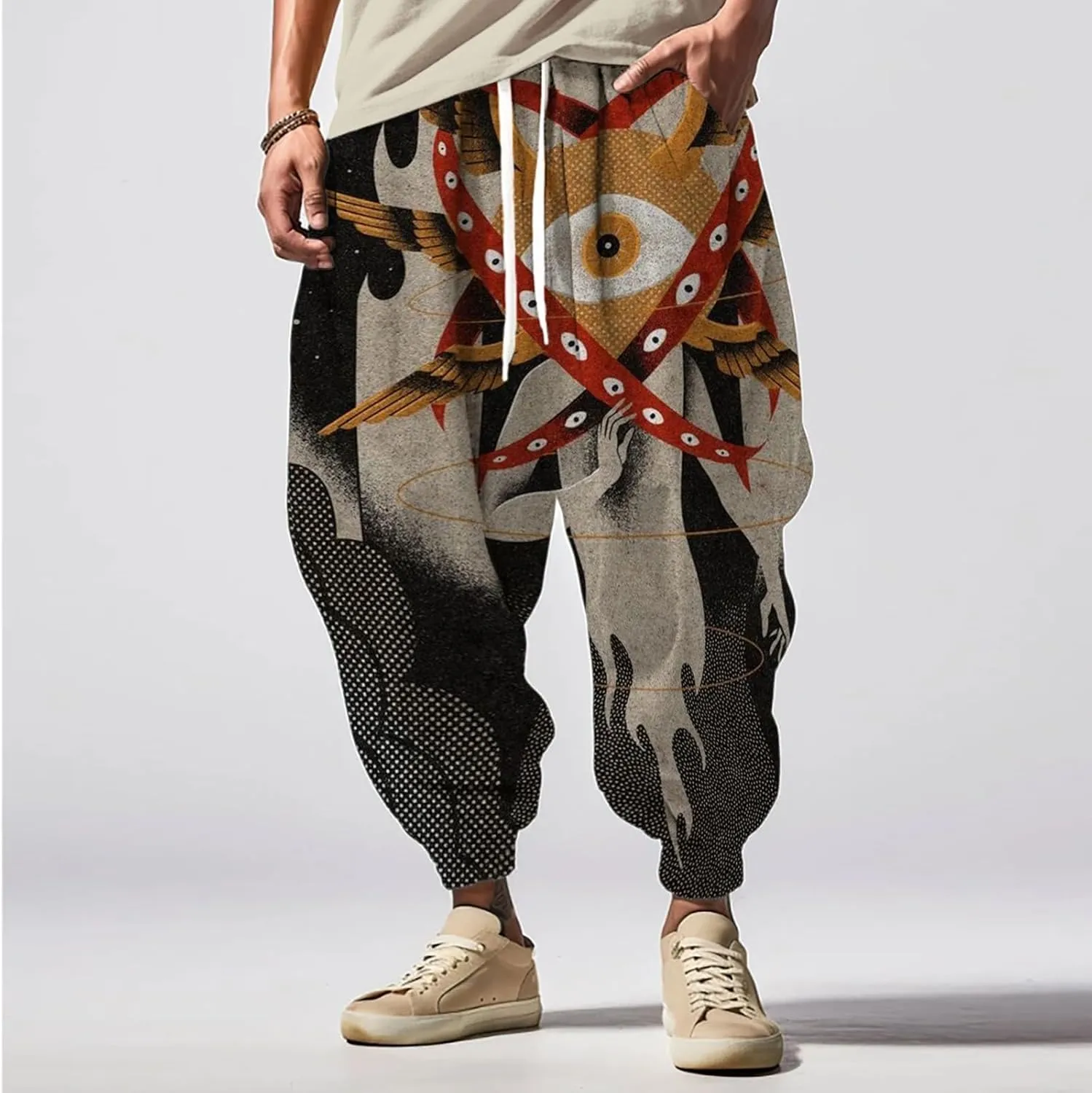 Sweatpants Fun Print Fashion Street Feel Casual Sweatpants Mens Drawstring Aladdil Hippie Harem Pants Mens Harem
