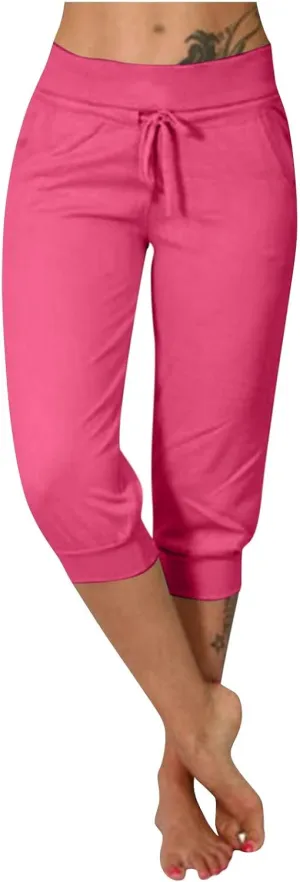 TWGONE Capri Pants for Women Plus Size Drawstring Workout Sweatpants Cropped Joggers Comfy Yoga Pants with Pockets