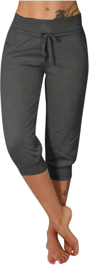 TWGONE Capri Pants for Women Plus Size Drawstring Workout Sweatpants Cropped Joggers Comfy Yoga Pants with Pockets