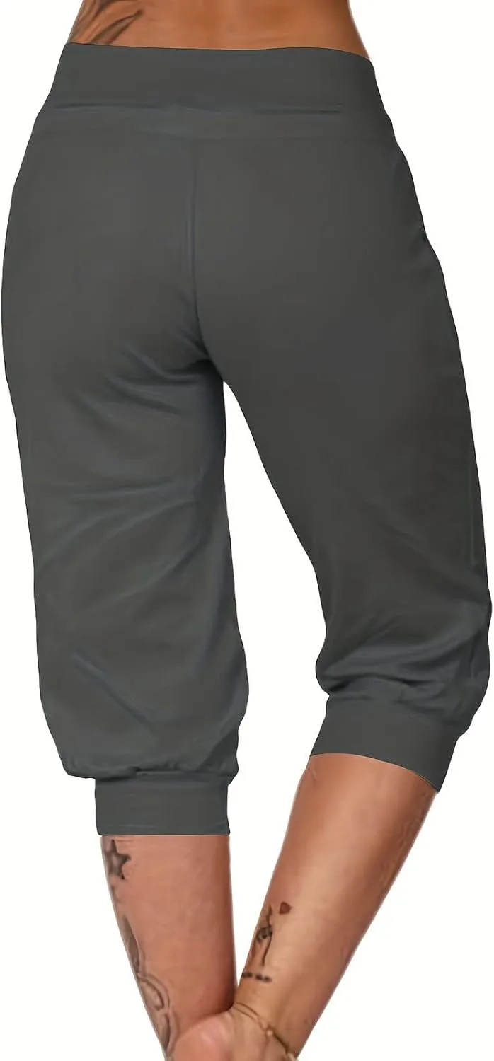 TWGONE Capri Pants for Women Plus Size Drawstring Workout Sweatpants Cropped Joggers Comfy Yoga Pants with Pockets