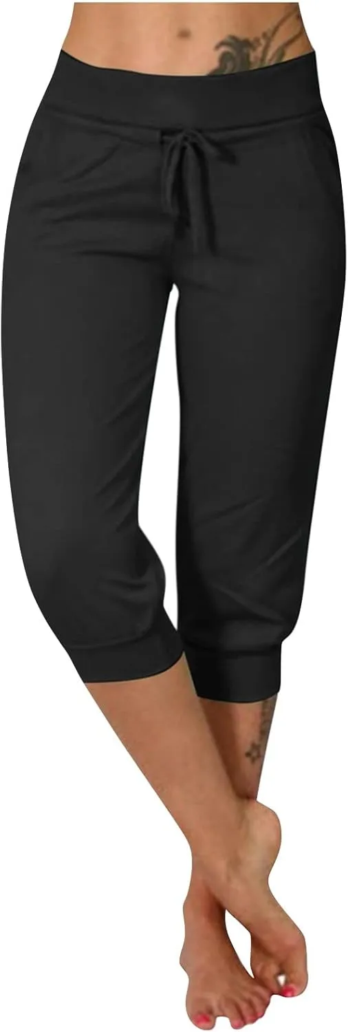 TWGONE Capri Pants for Women Plus Size Drawstring Workout Sweatpants Cropped Joggers Comfy Yoga Pants with Pockets