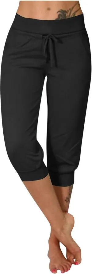 TWGONE Capri Pants for Women Plus Size Drawstring Workout Sweatpants Cropped Joggers Comfy Yoga Pants with Pockets