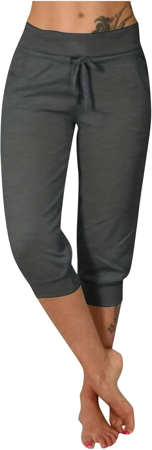 TWGONE Capri Pants for Women Plus Size Drawstring Workout Sweatpants Cropped Joggers Comfy Yoga Pants with Pockets