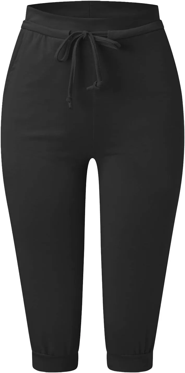 TWGONE Capri Pants for Women Plus Size Drawstring Workout Sweatpants Cropped Joggers Comfy Yoga Pants with Pockets