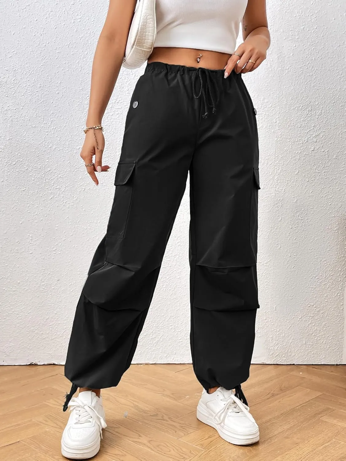 Verdusa Women's Drawstring Waist Side Pocket Joggers Cargo Pants Loose Long Trousers