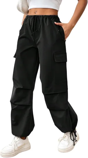 Verdusa Women's Drawstring Waist Side Pocket Joggers Cargo Pants Loose Long Trousers