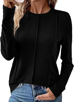 Women Long Sleeve Crewneck T Shirt Fall Casual Loose Fit Pleated Knit Blouse 2024 Trendy Cozy Soft Solid Color Clothe