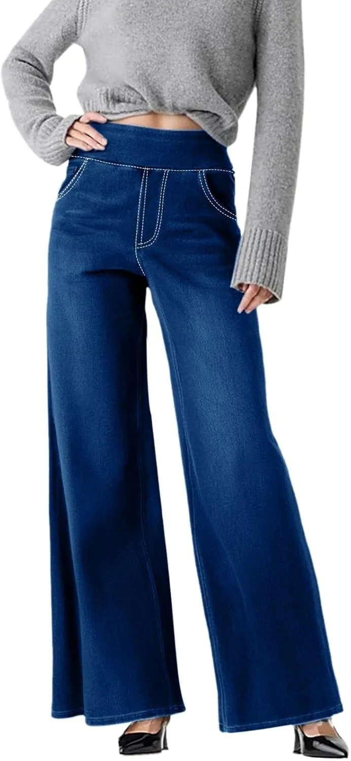 Women Sweatpant Jeans 2025 Sweatpants That Look Like Jeans High Waisted Stretchy Wide Leg Denim Pants with Pockets