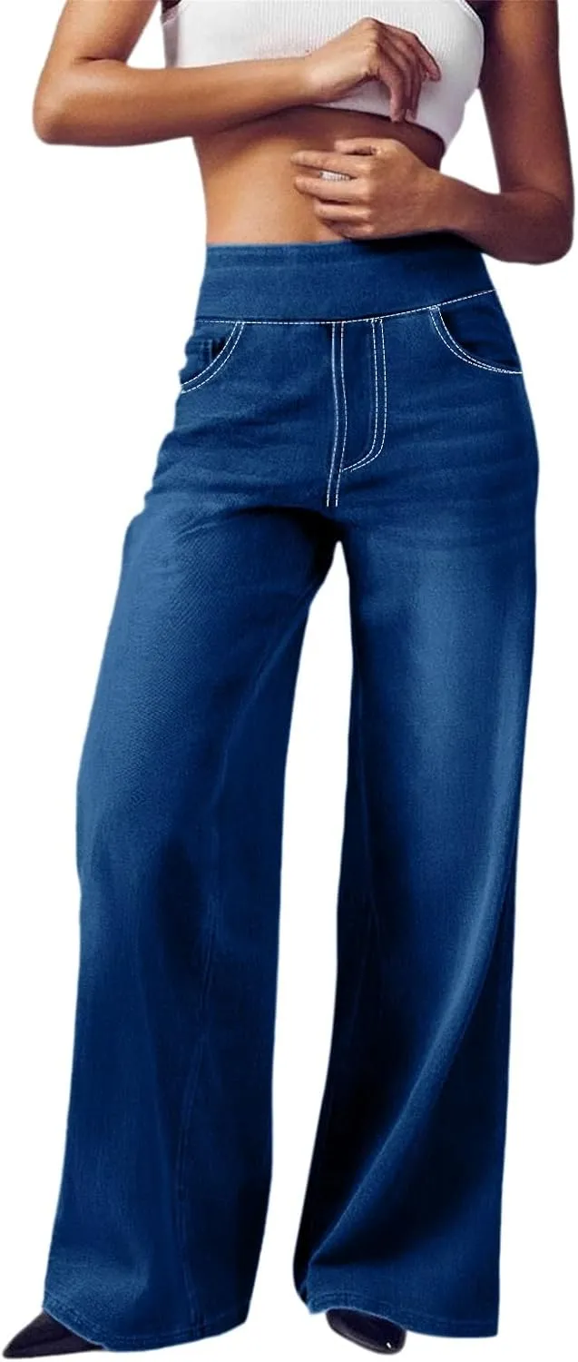 Women Sweatpant Jeans 2025 Sweatpants That Look Like Jeans High Waisted Stretchy Wide Leg Denim Pants with Pockets