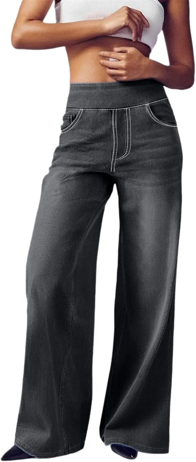 Women Sweatpant Jeans 2025 Sweatpants That Look Like Jeans High Waisted Stretchy Wide Leg Denim Pants with Pockets