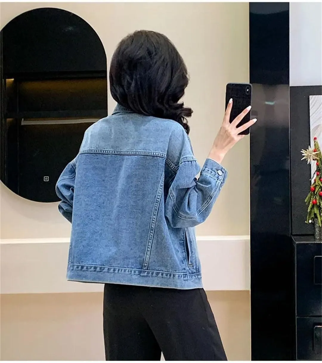Women Winter Classic Denim Jacket Loose Mid Length Jeans Coat