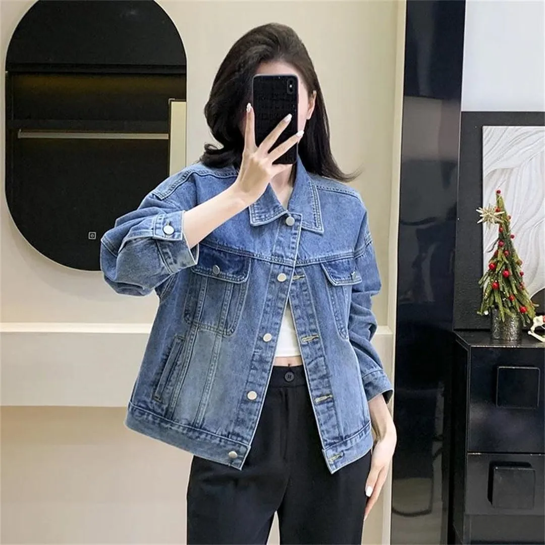 Women Winter Classic Denim Jacket Loose Mid Length Jeans Coat