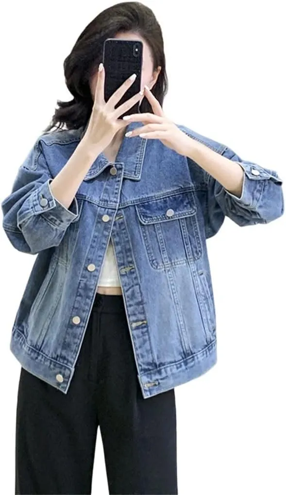 Women Winter Classic Denim Jacket Loose Mid Length Jeans Coat