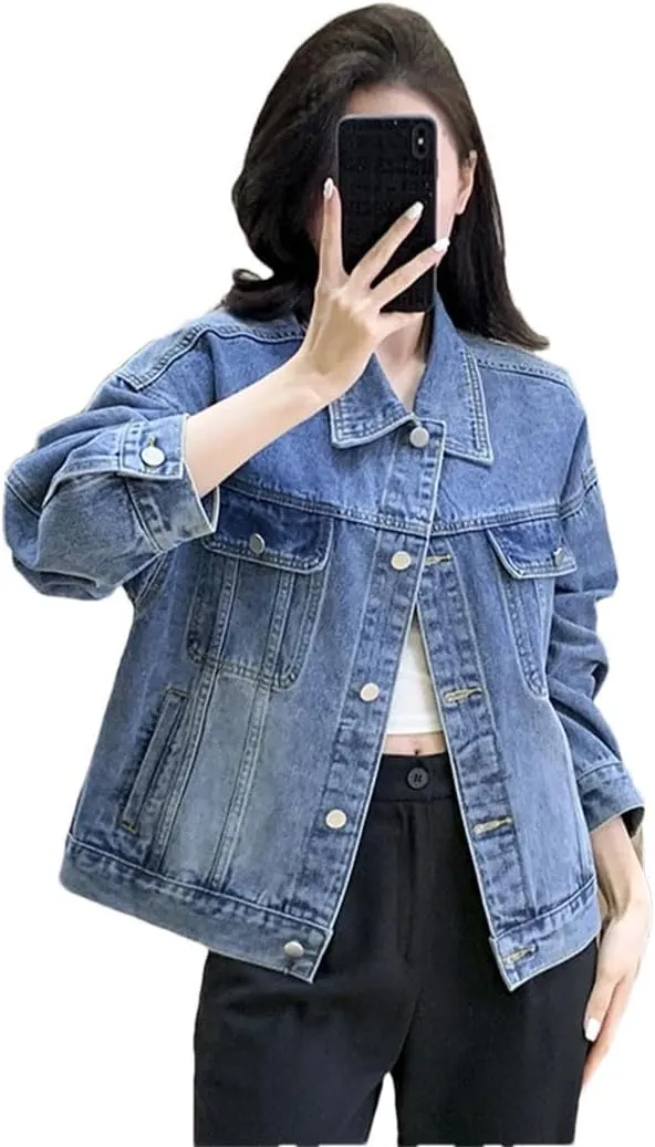 Women Winter Classic Denim Jacket Loose Mid Length Jeans Coat
