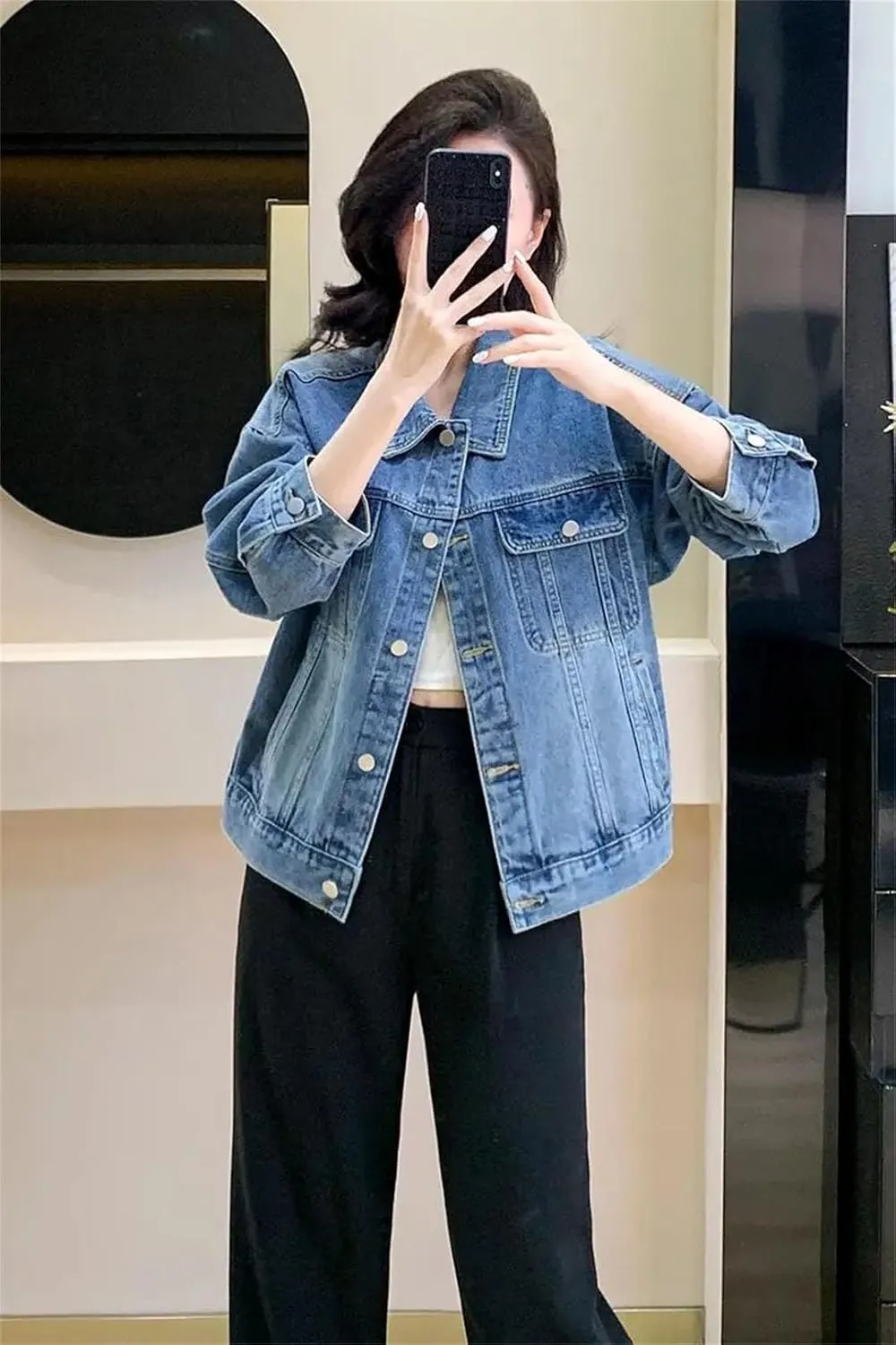Women Winter Classic Denim Jacket Loose Mid Length Jeans Coat