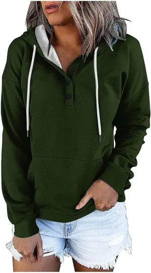 Womens 2024 Button Collar Hoodies Drawstring Hooded Pullover Sweatshirts Casual Long Sleeve Tops Shirts