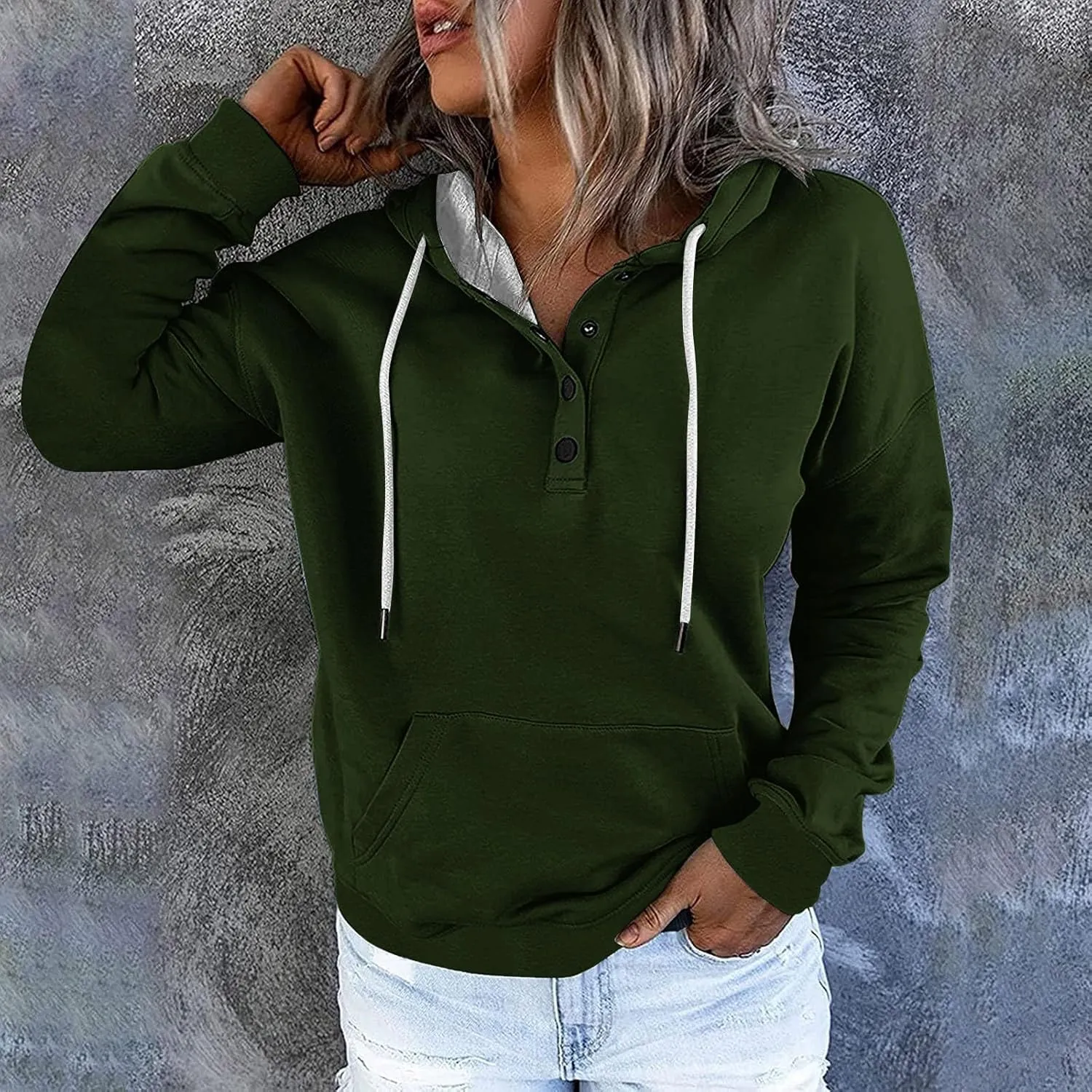 Womens 2024 Button Collar Hoodies Drawstring Hooded Pullover Sweatshirts Casual Long Sleeve Tops Shirts