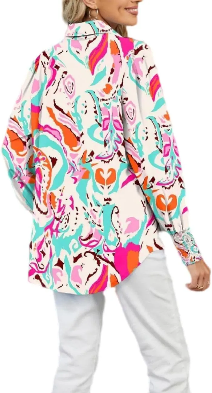 Women's Boho Stylish Blouse, 2025 Autumn and Winter Lapel Long Sleeve Loose Printed Shirts for Women